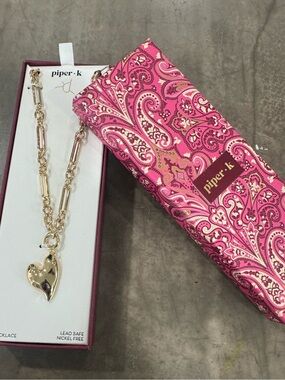 Piper •K Gold Heart Pendant Necklace with Pink Paisley Gift Box cute comfy heart